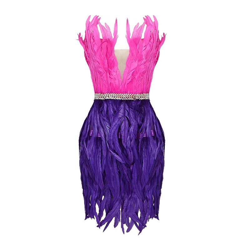 A6838 European And American Style Women Mini Dress Contrast Color Feather Luxury Evening Birthday Outfit Festival Clothing