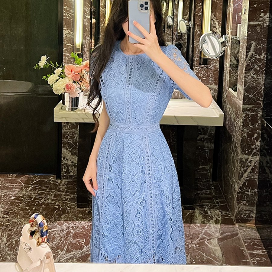 Summer New Lace Long Style Casual Fashion High Grade Round Neck Ruffle Sleeve Lace Dress
