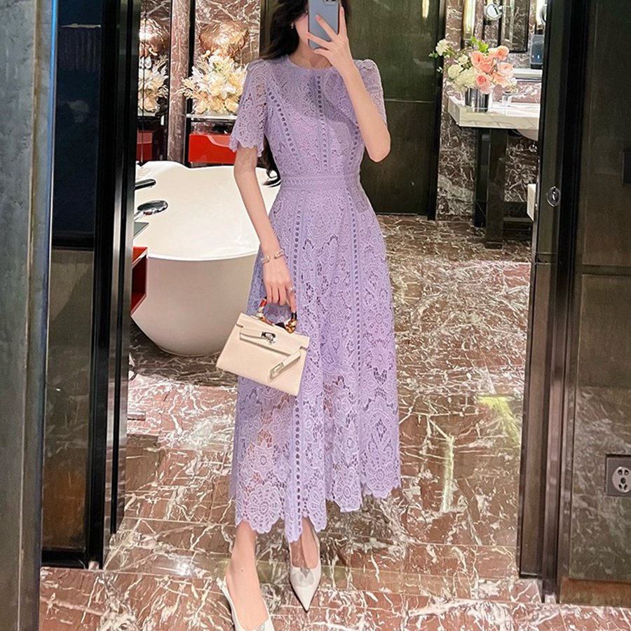 Summer New Lace Long Style Casual Fashion High Grade Round Neck Ruffle Sleeve Lace Dress