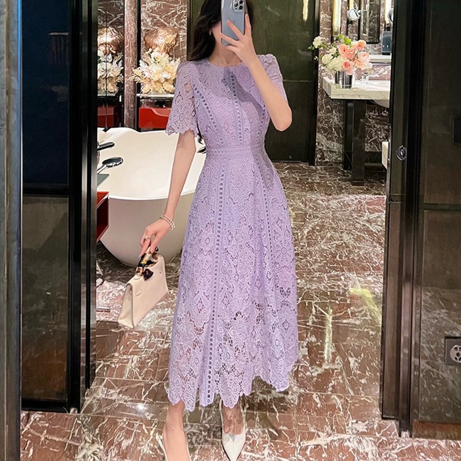 Summer New Lace Long Style Casual Fashion High Grade Round Neck Ruffle Sleeve Lace Dress