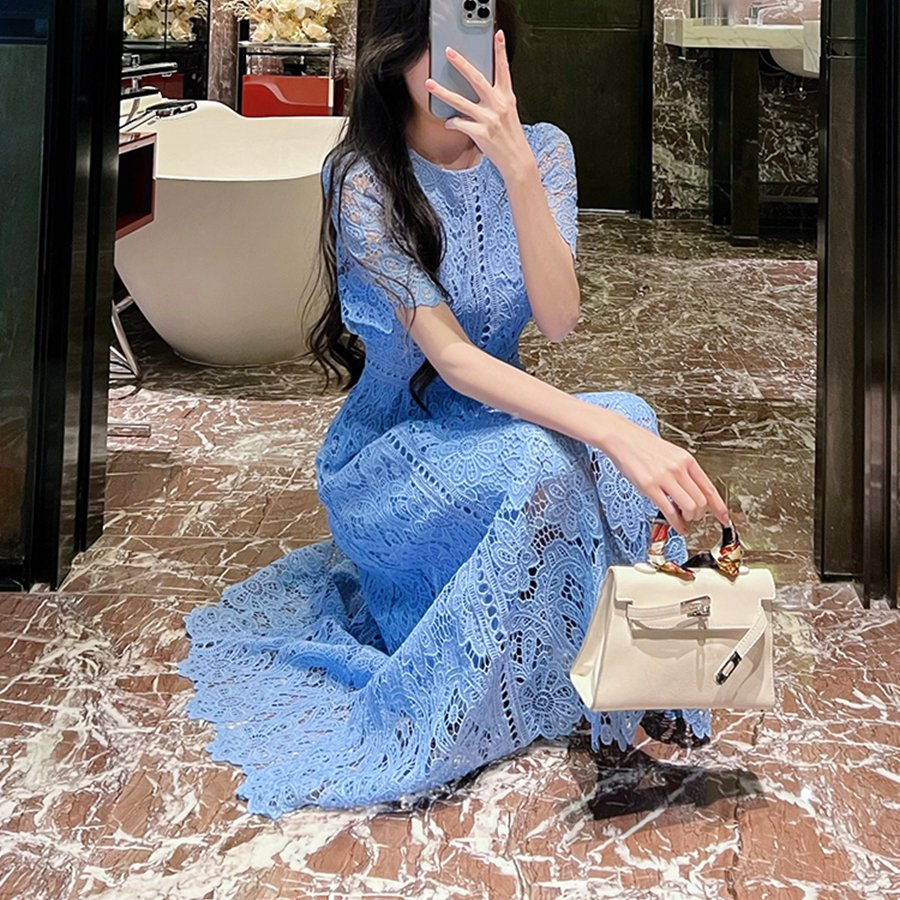 Summer New Lace Long Style Casual Fashion High Grade Round Neck Ruffle Sleeve Lace Dress