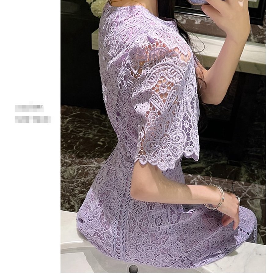 Summer New Lace Long Style Casual Fashion High Grade Round Neck Ruffle Sleeve Lace Dress