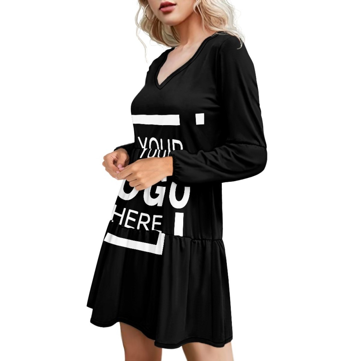 Custom Print On Demand Women's Long Sleeve Dress V-Neck Hem Progressive Pleated Lantern Sleeve Shows Individuality Mini Dress