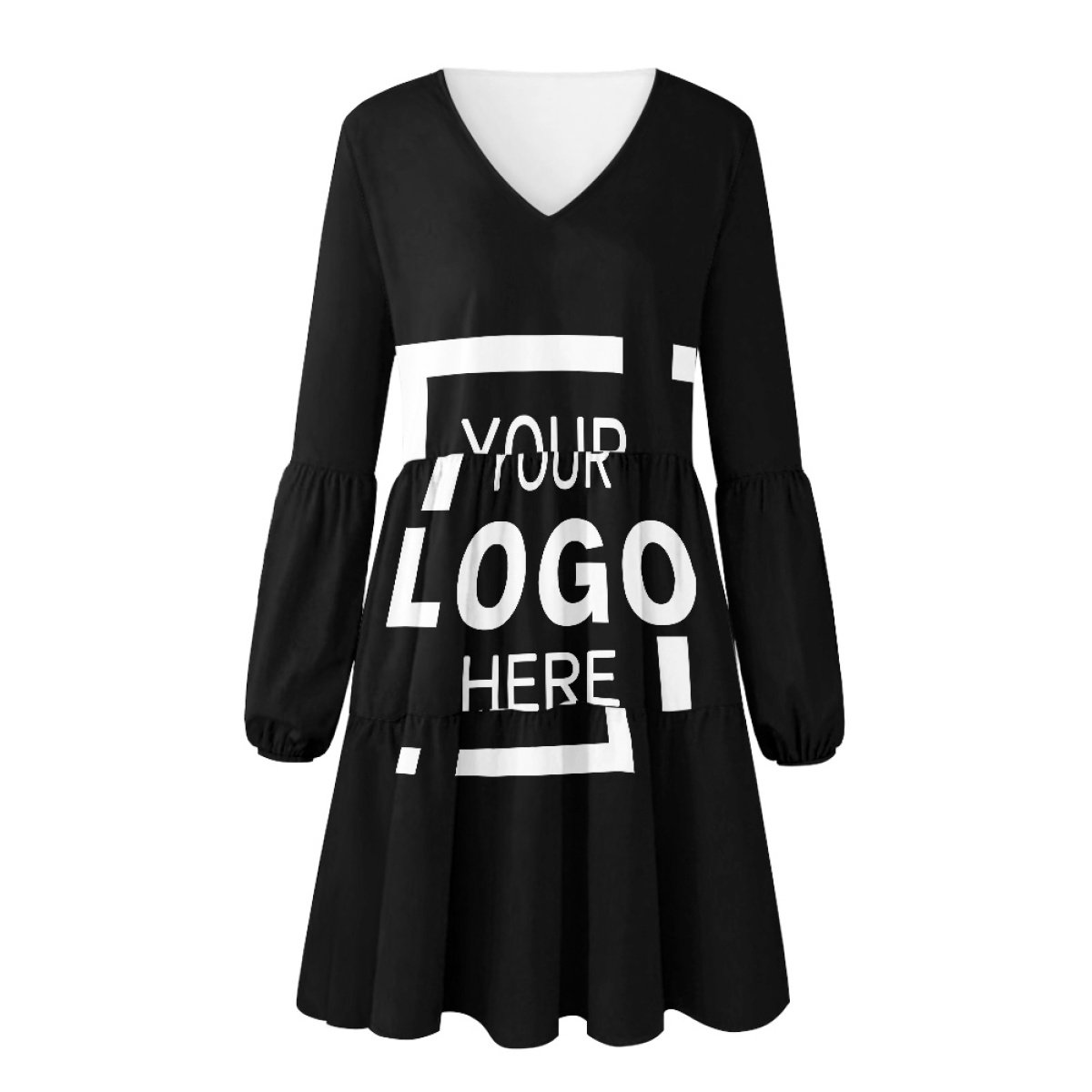 Custom Print On Demand Women's Long Sleeve Dress V-Neck Hem Progressive Pleated Lantern Sleeve Shows Individuality Mini Dress
