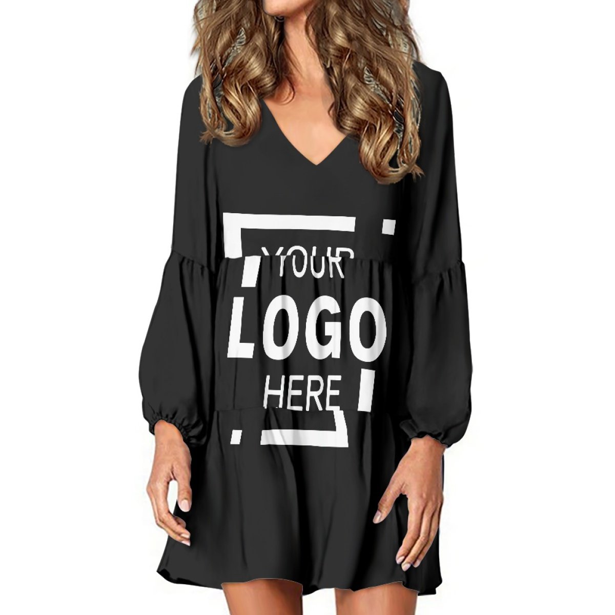 Custom Print On Demand Women's Long Sleeve Dress V-Neck Hem Progressive Pleated Lantern Sleeve Shows Individuality Mini Dress