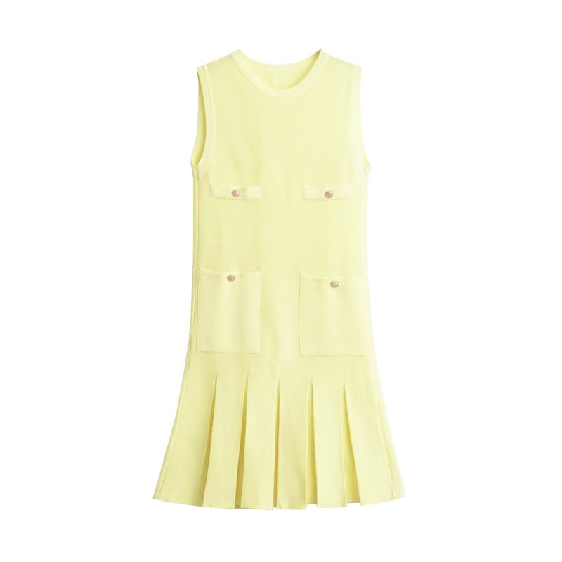 TAOP&ZA Women's 2024 Summer New Solid Color Loose Pocket Decorated Pleated Knitted Mini Dress 3859025