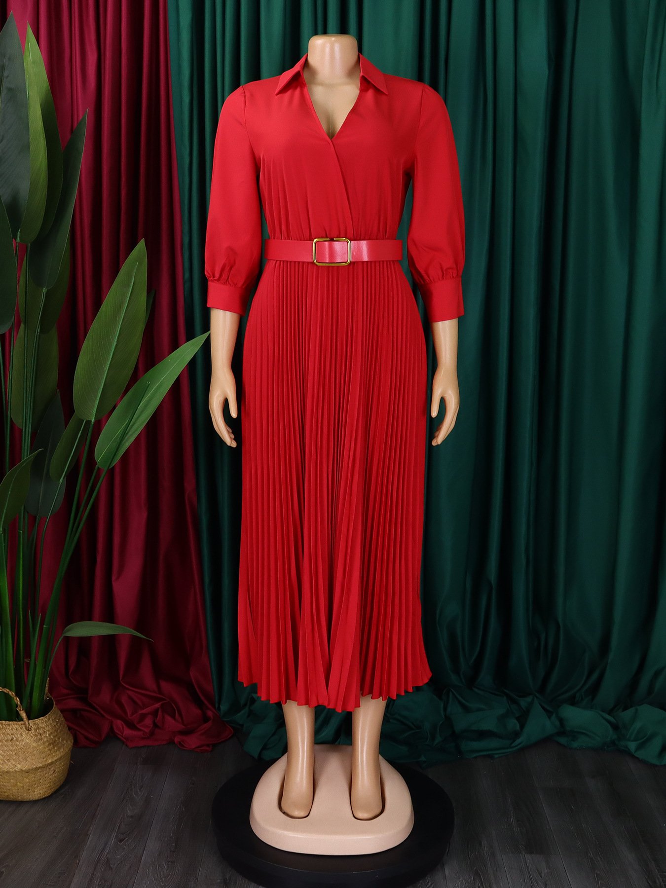 D472 Trendy Spring Dresses Women Lady Elegant Solid Color Long Sleeve V-neck Pleated Dress Elegant Casual Dresses With Belt