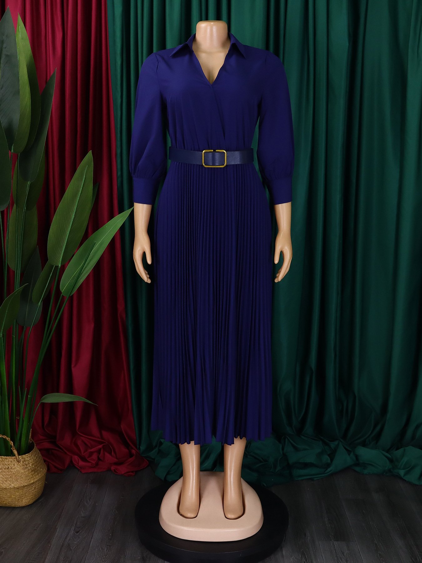 D472 Trendy Spring Dresses Women Lady Elegant Solid Color Long Sleeve V-neck Pleated Dress Elegant Casual Dresses With Belt