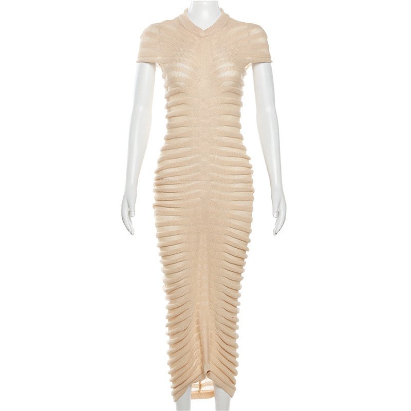 o neck short sleeve elegant casual dresses midi length knitted mature women wear sexy slim fit dress 2023 women clothing