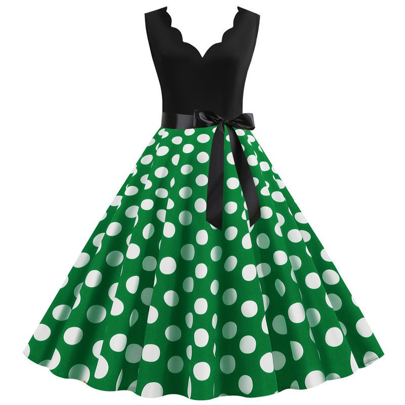Woman Burnt Polka Print Dot Dress Office Wear Dresses Sleeveless V-neck White Casual Dress