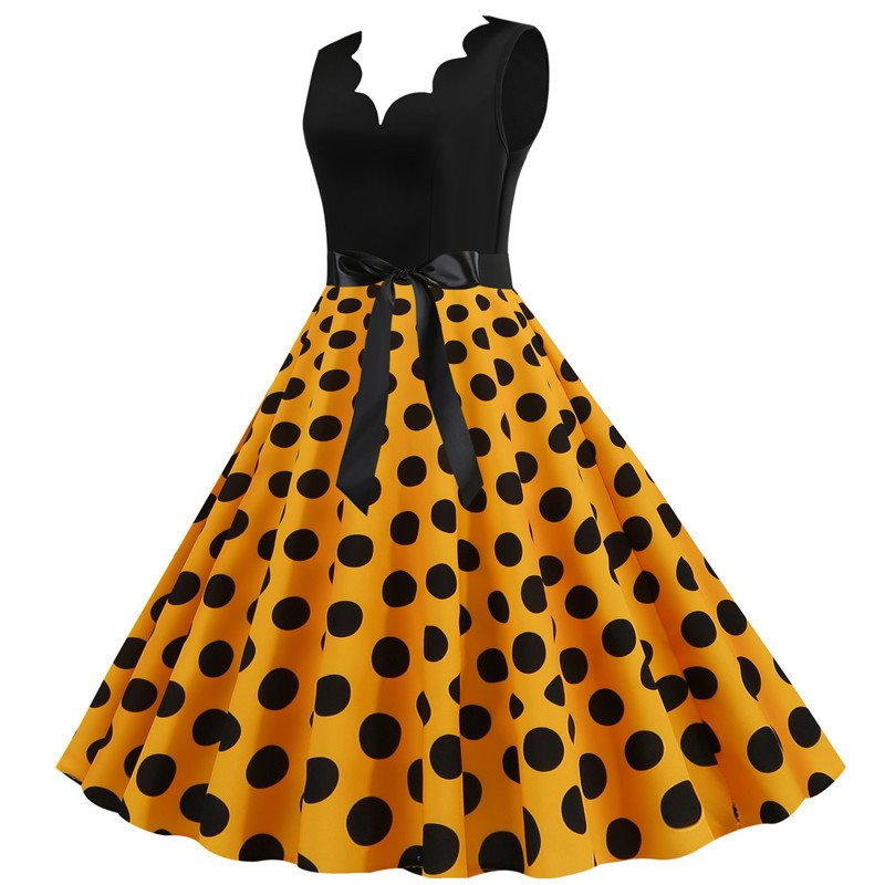 Woman Burnt Polka Print Dot Dress Office Wear Dresses Sleeveless V-neck White Casual Dress