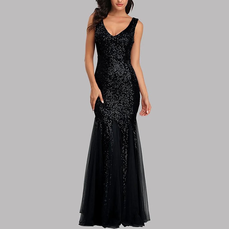 Custom new fashion women maxi length wedding sleeveless sexy double v-neck sequin long formal party elegant evening dresses