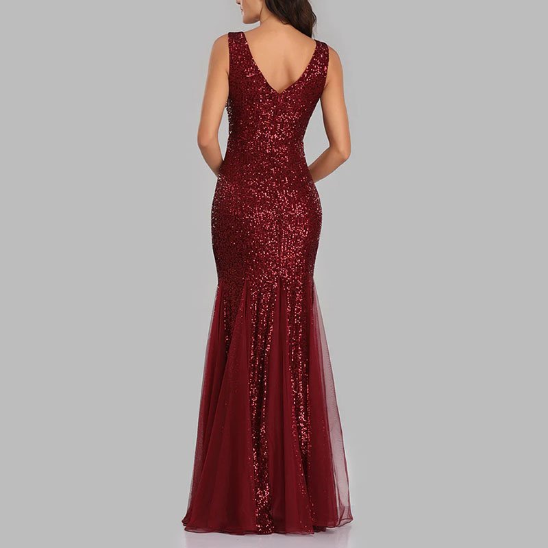 Custom new fashion women maxi length wedding sleeveless sexy double v-neck sequin long formal party elegant evening dresses