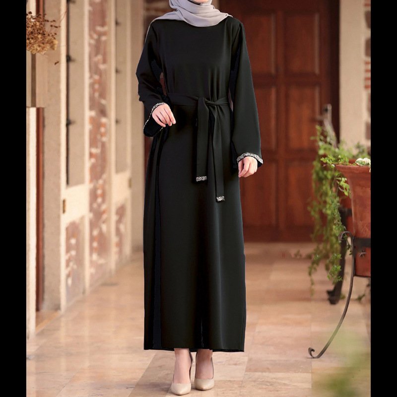 High quality Islamic robe elegant loose Muslim women dresses solid lace mesh casual clothing