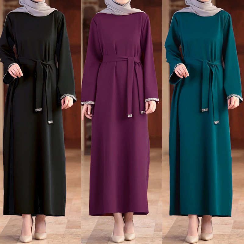 High quality Islamic robe elegant loose Muslim women dresses solid lace mesh casual clothing