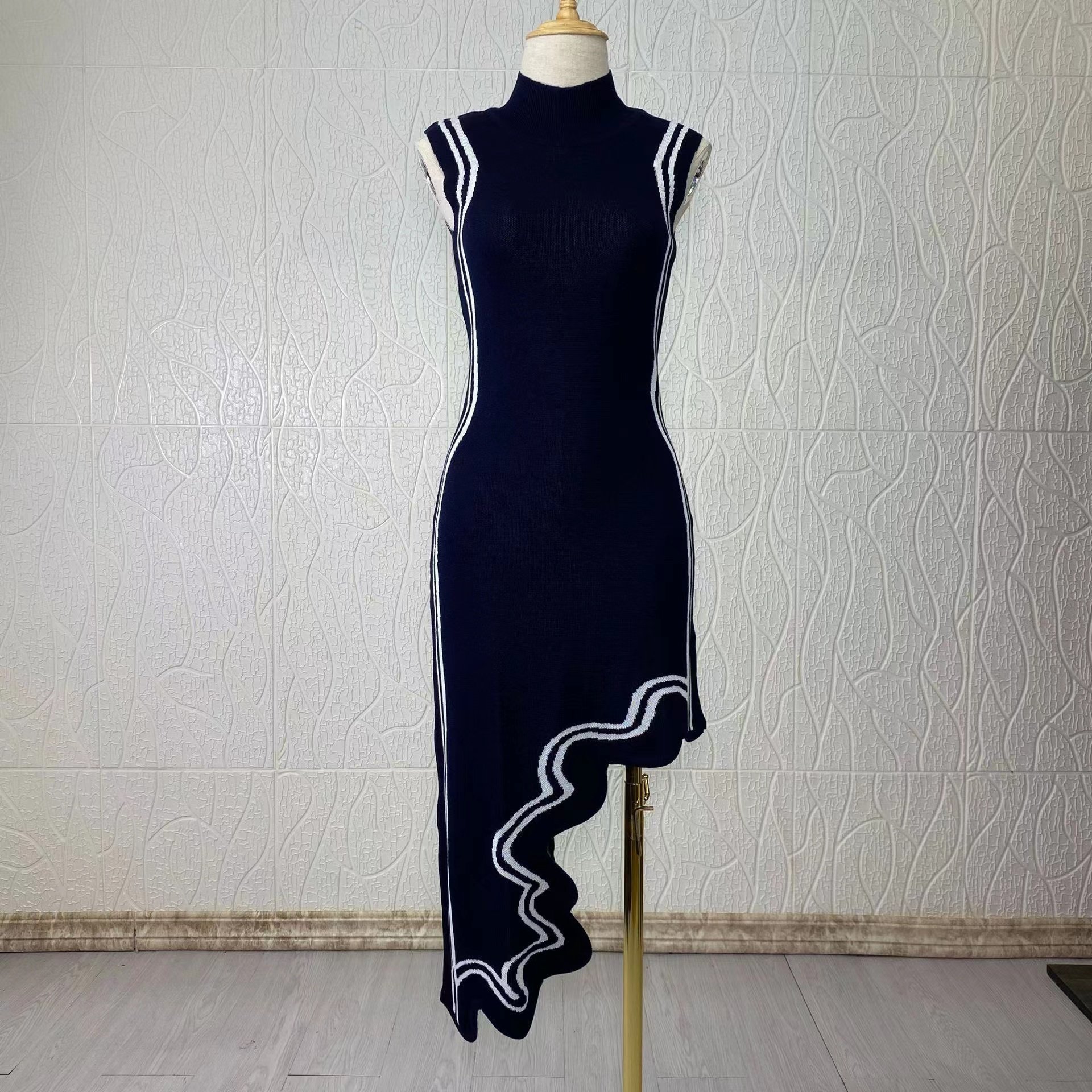 2022 Women Spring Summer Turtle neck sleeveless Asymmetrical Wavy Hem knit bodycon dress stylish sexy party dresses