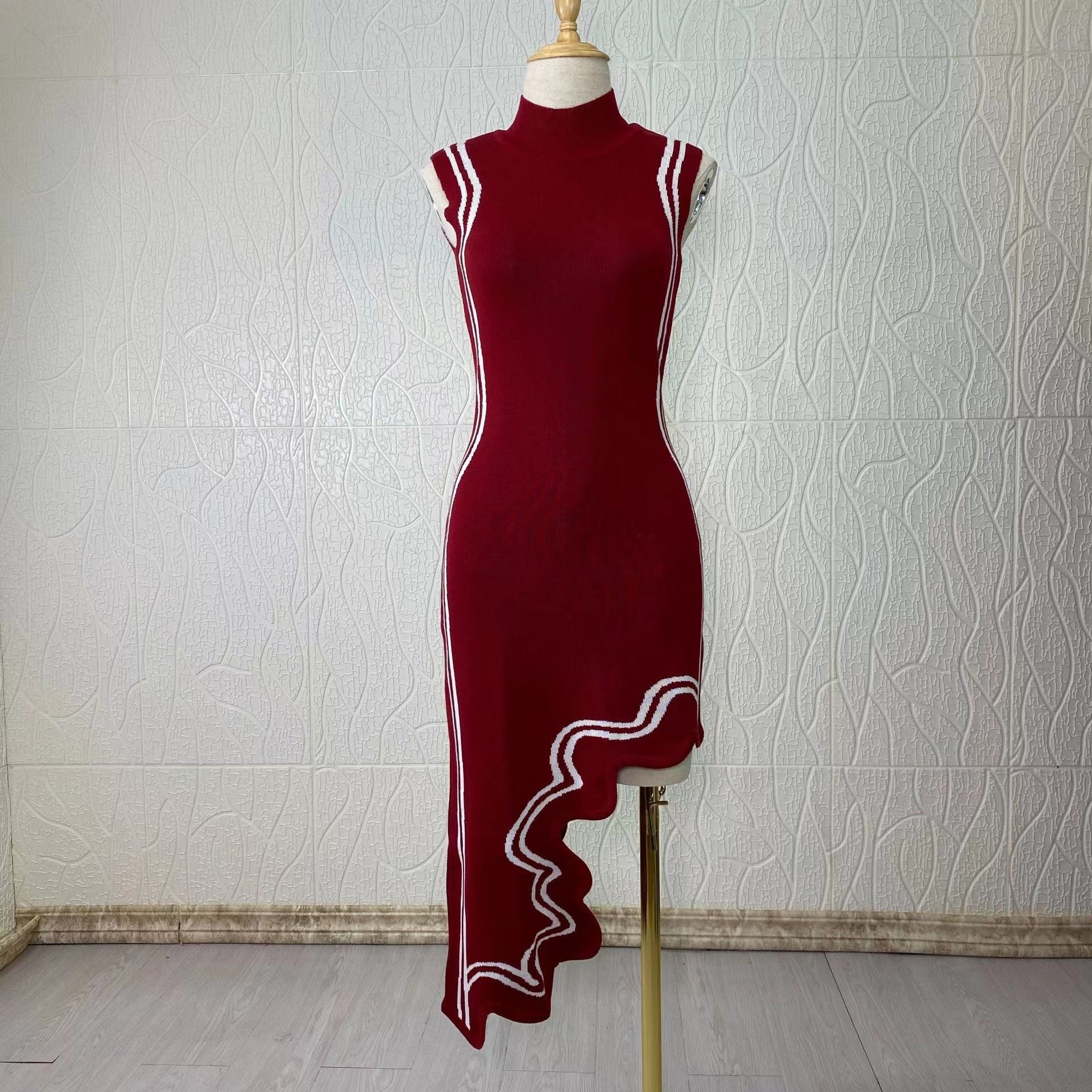 2022 Women Spring Summer Turtle neck sleeveless Asymmetrical Wavy Hem knit bodycon dress stylish sexy party dresses