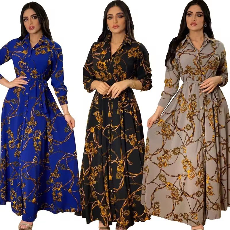 Middle East Muslim Dress Large Swing Skirt Shirt Dress Elegant Casual Dresses Print Indonesia Vintage Latest Design Satin Women