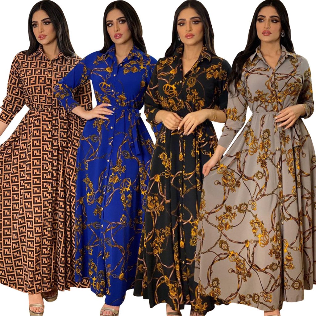 Middle East Muslim Dress Large Swing Skirt Shirt Dress Elegant Casual Dresses Print Indonesia Vintage Latest Design Satin Women