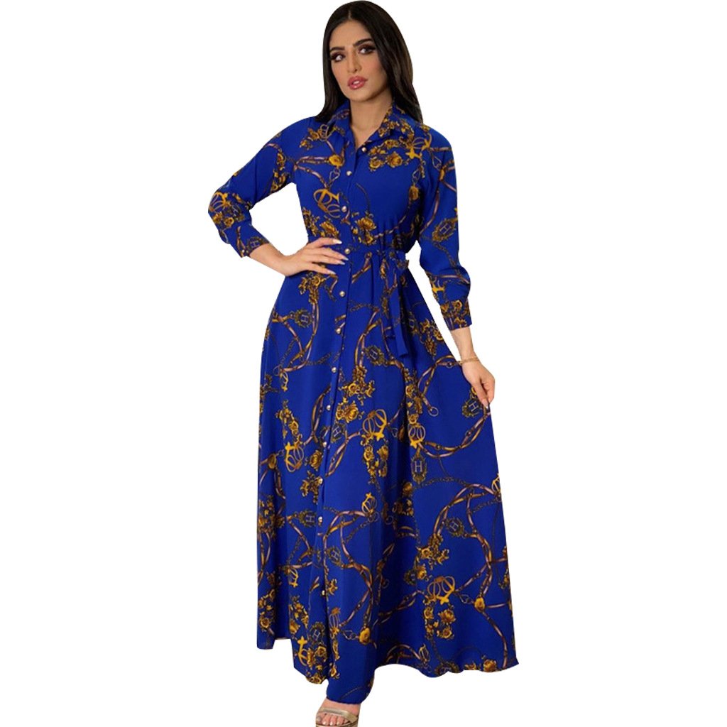 Middle East Muslim Dress Large Swing Skirt Shirt Dress Elegant Casual Dresses Print Indonesia Vintage Latest Design Satin Women
