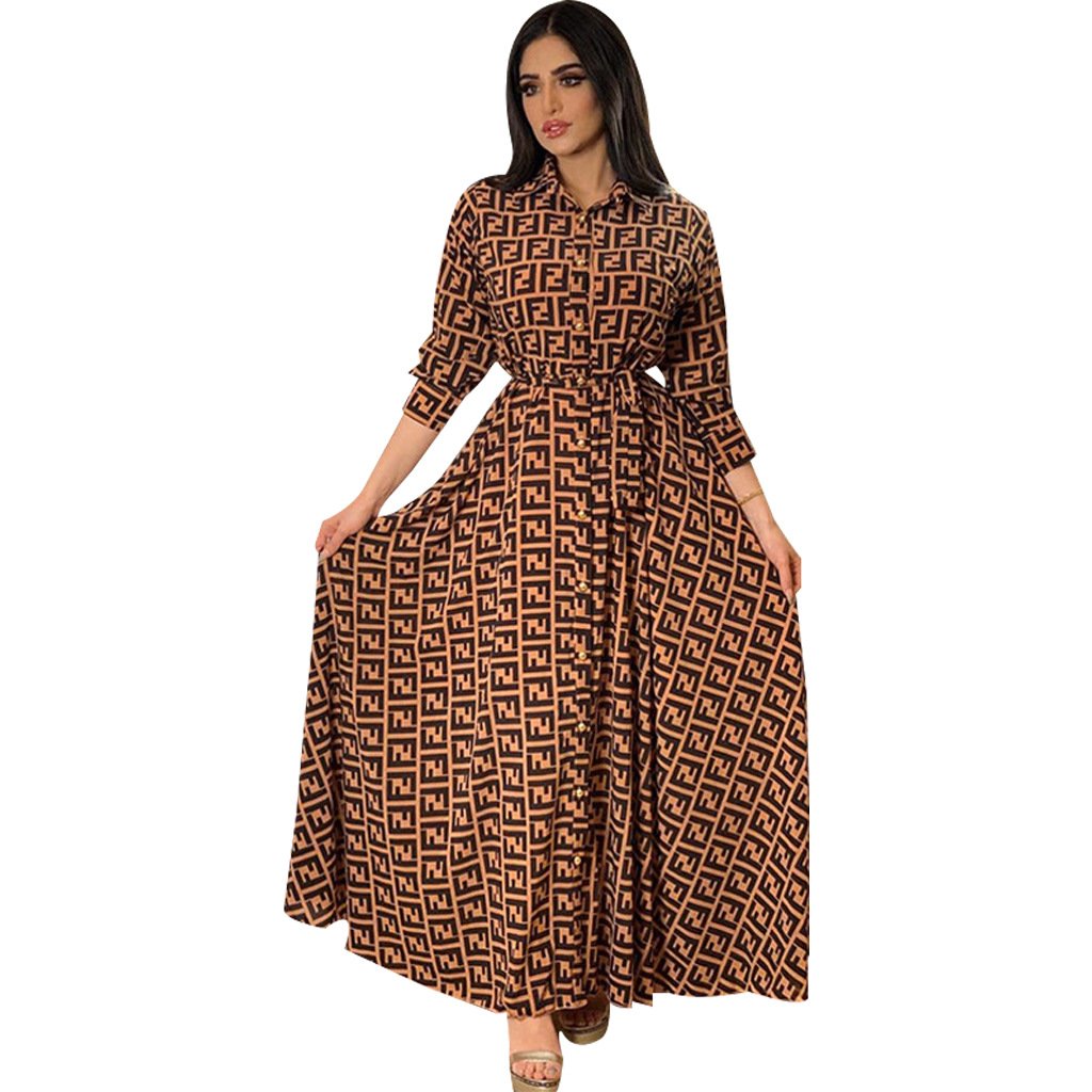 Middle East Muslim Dress Large Swing Skirt Shirt Dress Elegant Casual Dresses Print Indonesia Vintage Latest Design Satin Women