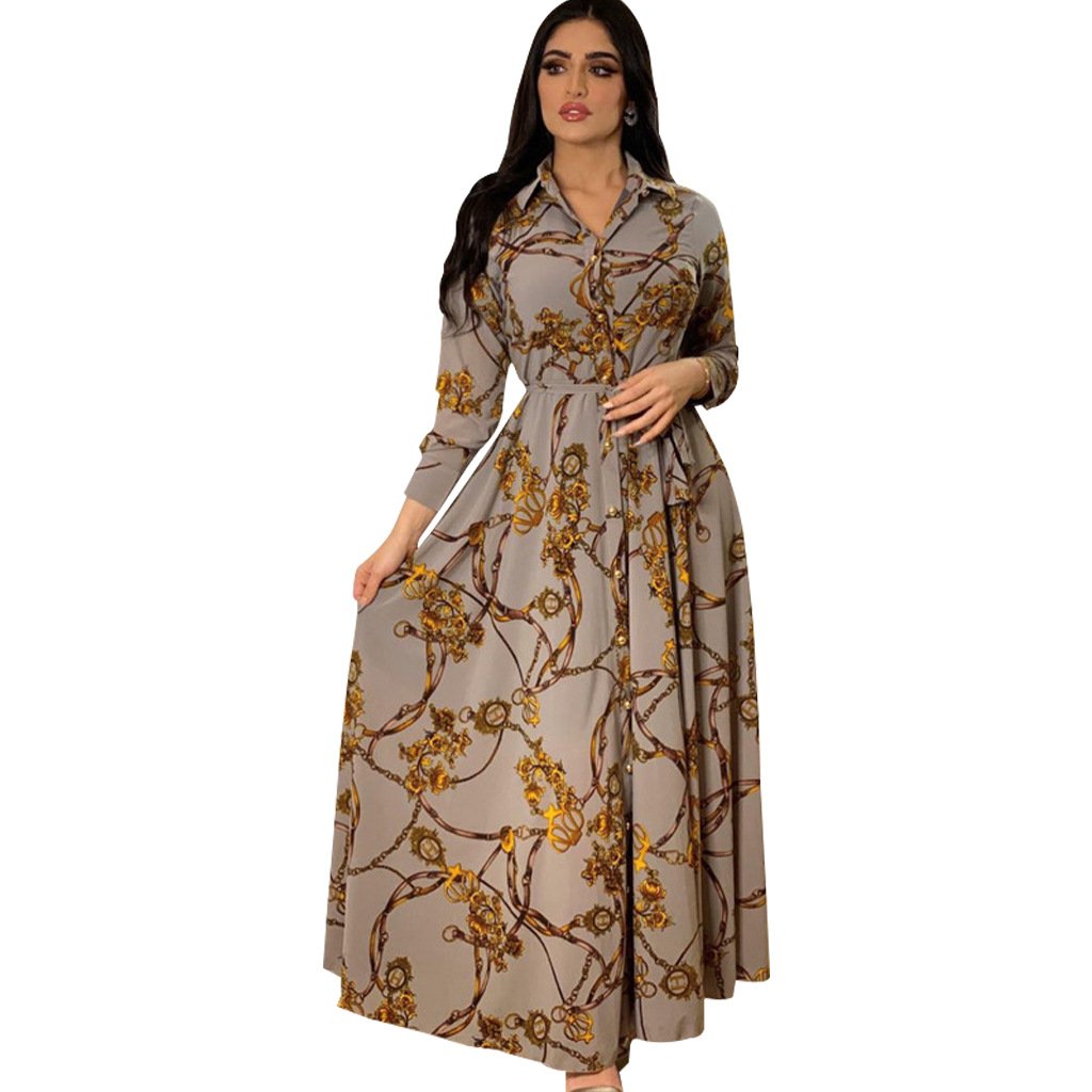Middle East Muslim Dress Large Swing Skirt Shirt Dress Elegant Casual Dresses Print Indonesia Vintage Latest Design Satin Women