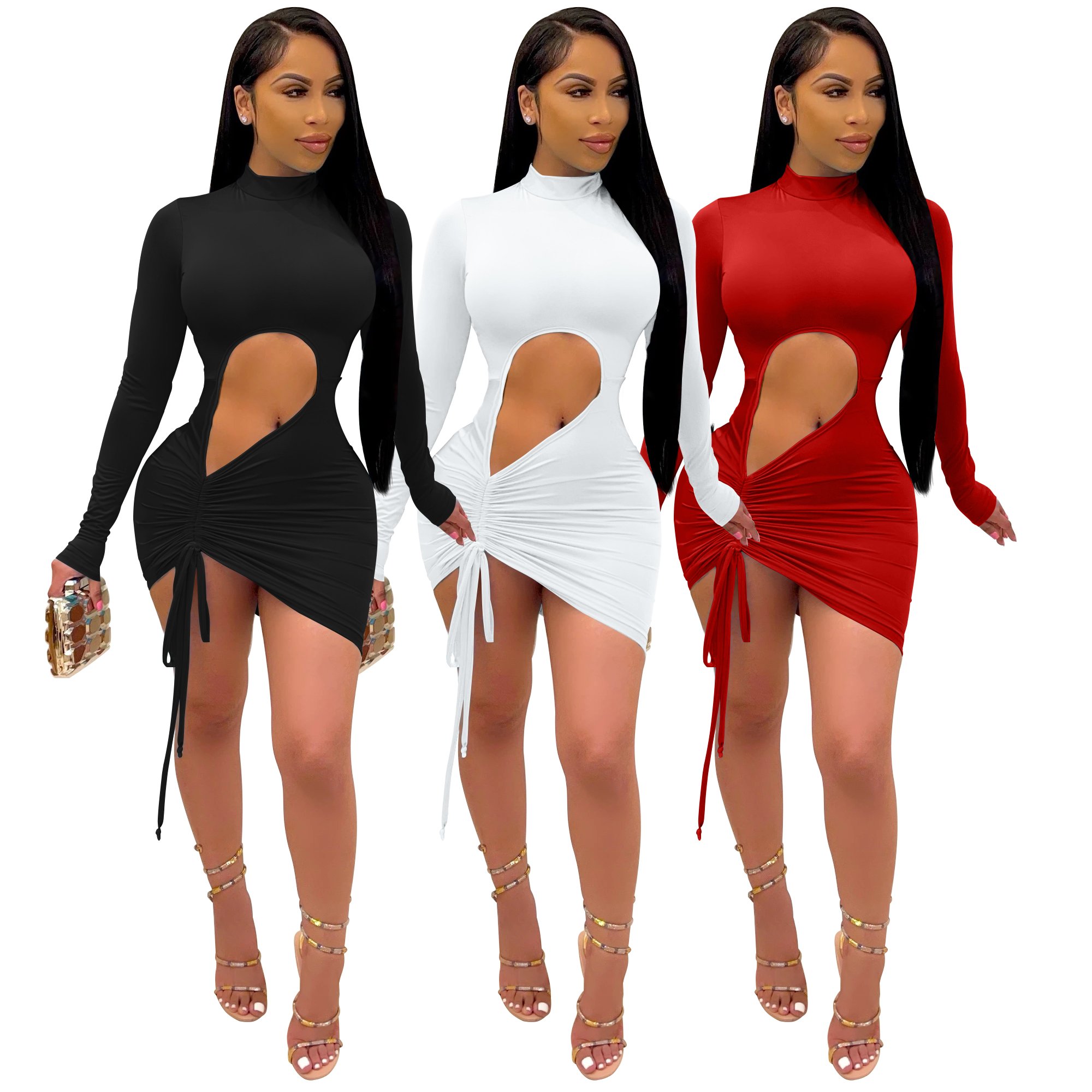New arrivals summer dress sexy long sleeve ruched hollow out women bodycon party dresses