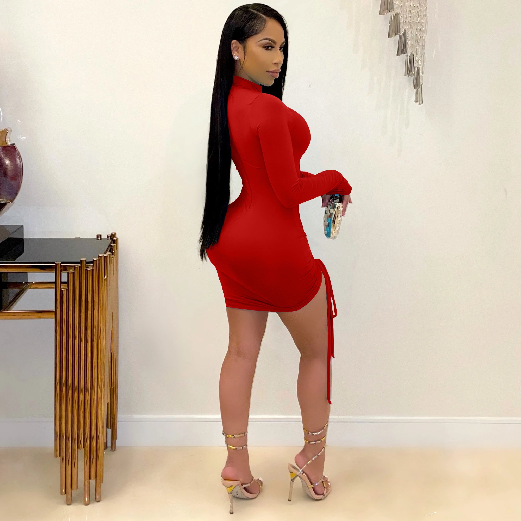 New arrivals summer dress sexy long sleeve ruched hollow out women bodycon party dresses