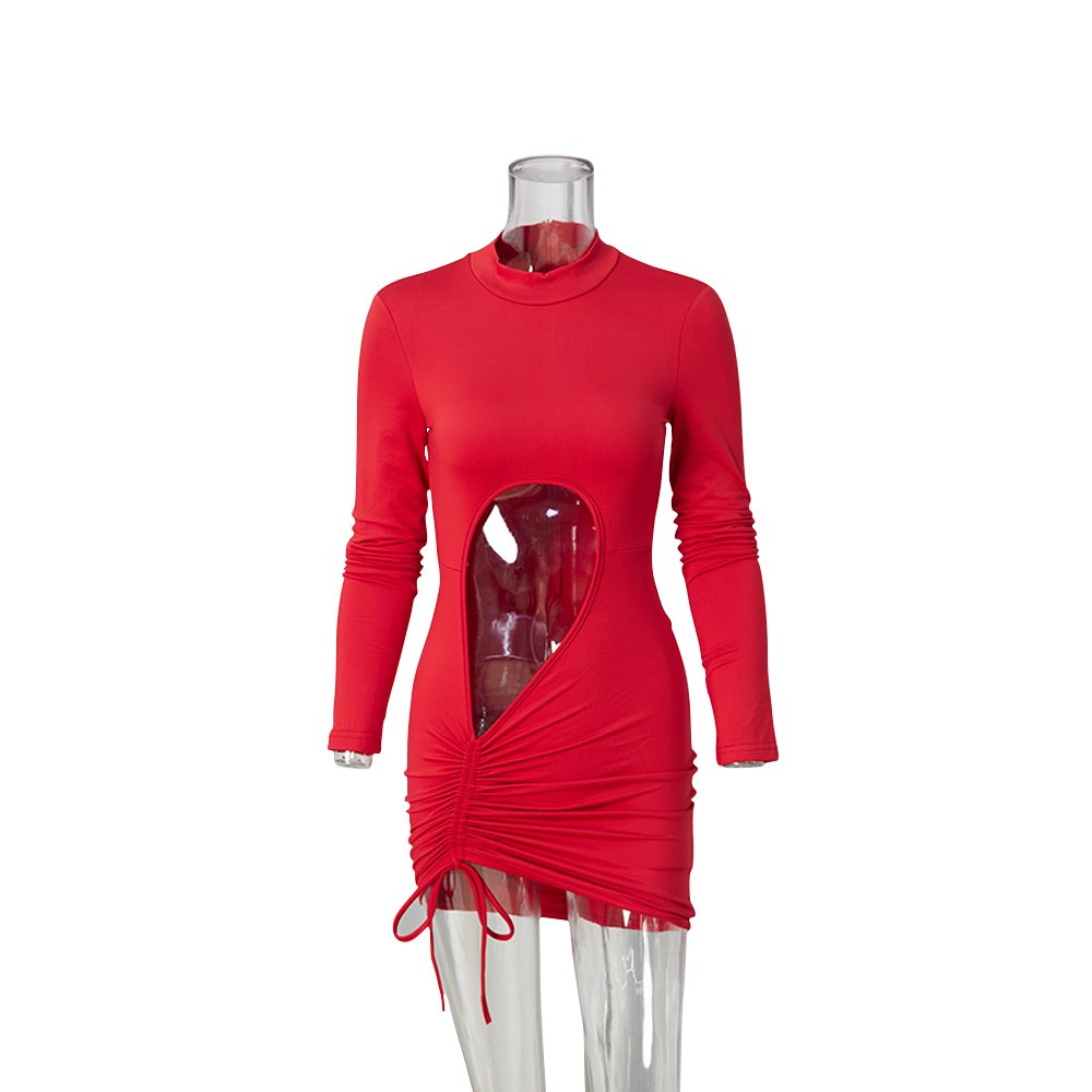 New arrivals summer dress sexy long sleeve ruched hollow out women bodycon party dresses