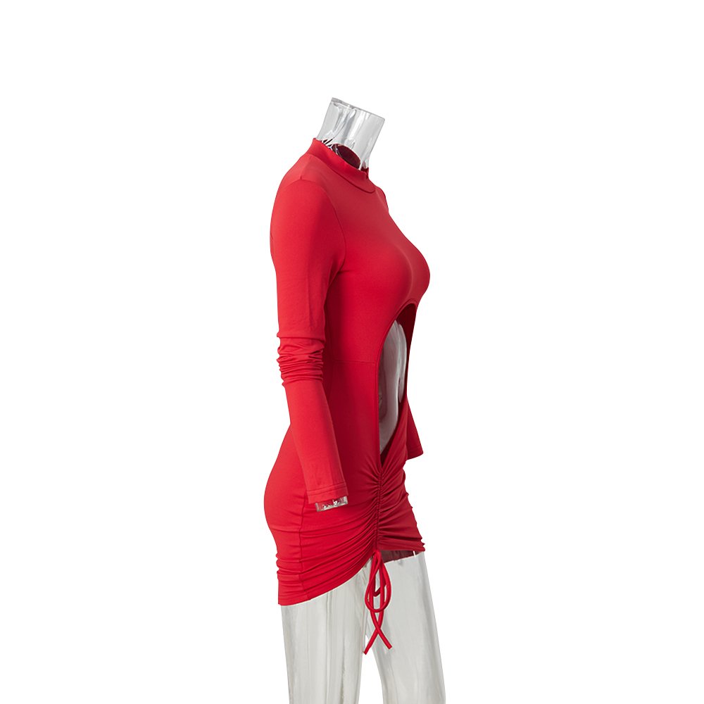 New arrivals summer dress sexy long sleeve ruched hollow out women bodycon party dresses
