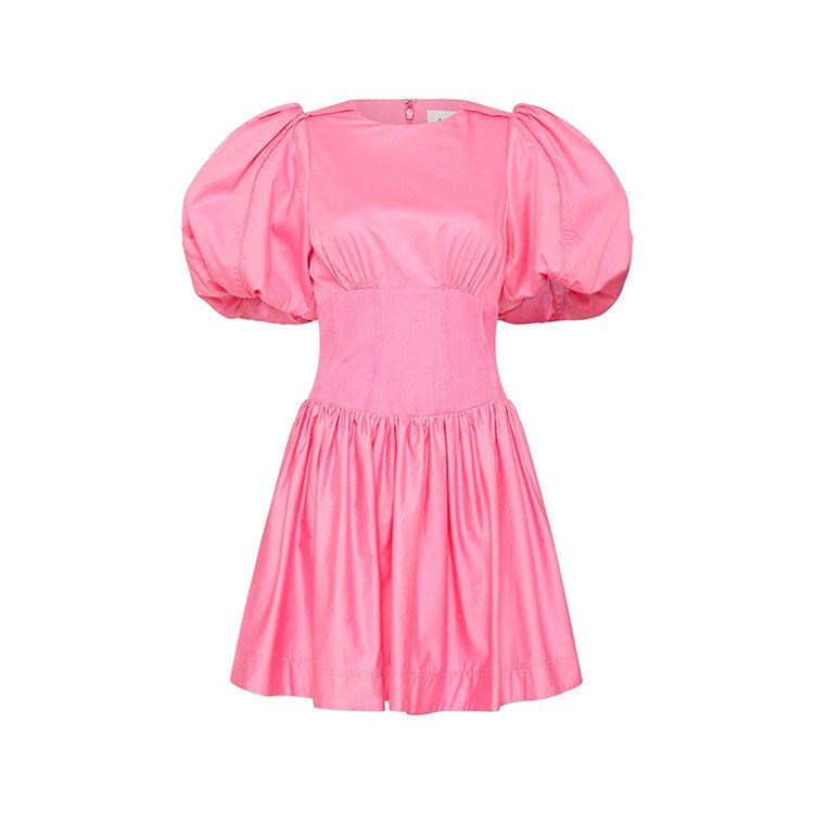 Customization Wholesale Summer Lady Cotton Poplin Pink Basque Waist Puff Sleeve Mini Casual Dress