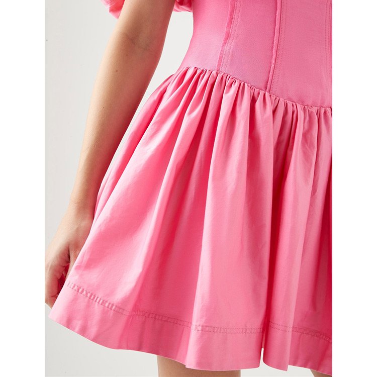 Customization Wholesale Summer Lady Cotton Poplin Pink Basque Waist Puff Sleeve Mini Casual Dress
