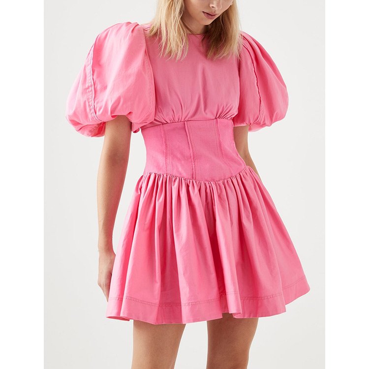 Customization Wholesale Summer Lady Cotton Poplin Pink Basque Waist Puff Sleeve Mini Casual Dress