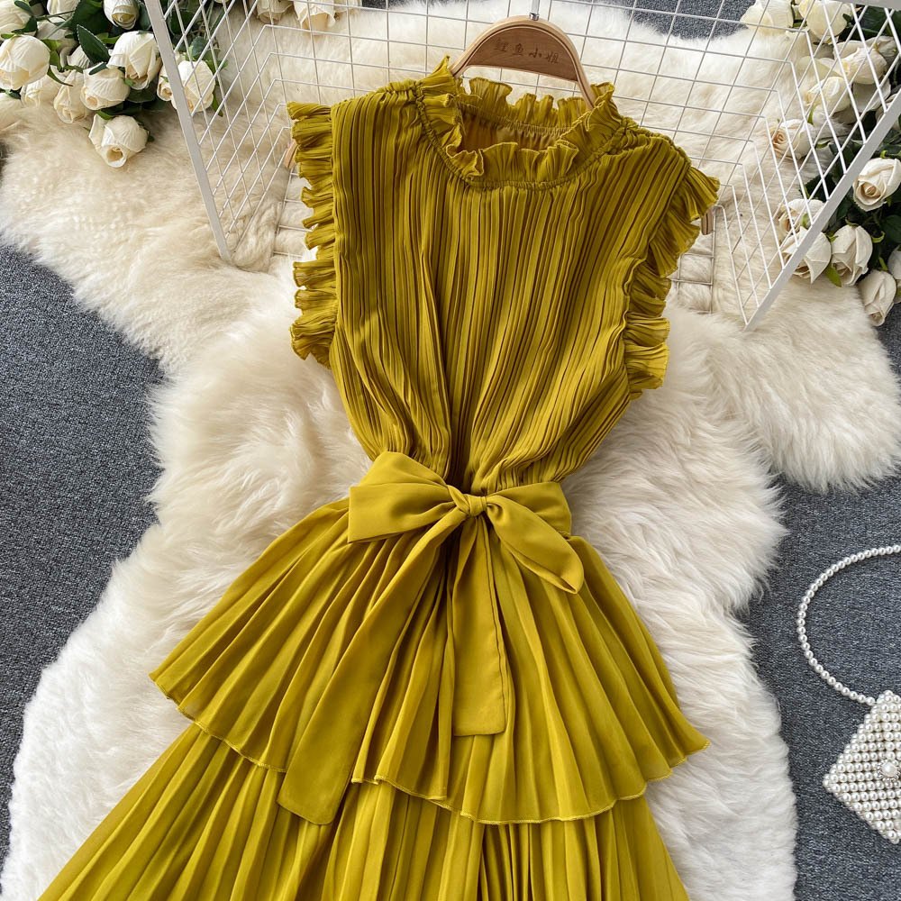 Hot Selling Woman Casual Dress Ruffle Layer Stand Collar Mid-length Cake Dress Chiffon Pleated Casual Sleeveless Dress