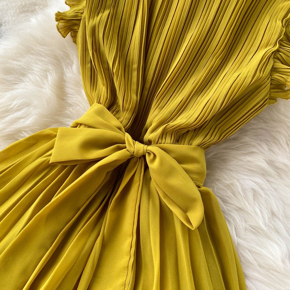 Hot Selling Woman Casual Dress Ruffle Layer Stand Collar Mid-length Cake Dress Chiffon Pleated Casual Sleeveless Dress