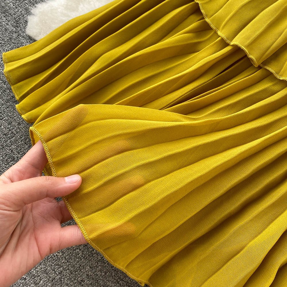 Hot Selling Woman Casual Dress Ruffle Layer Stand Collar Mid-length Cake Dress Chiffon Pleated Casual Sleeveless Dress
