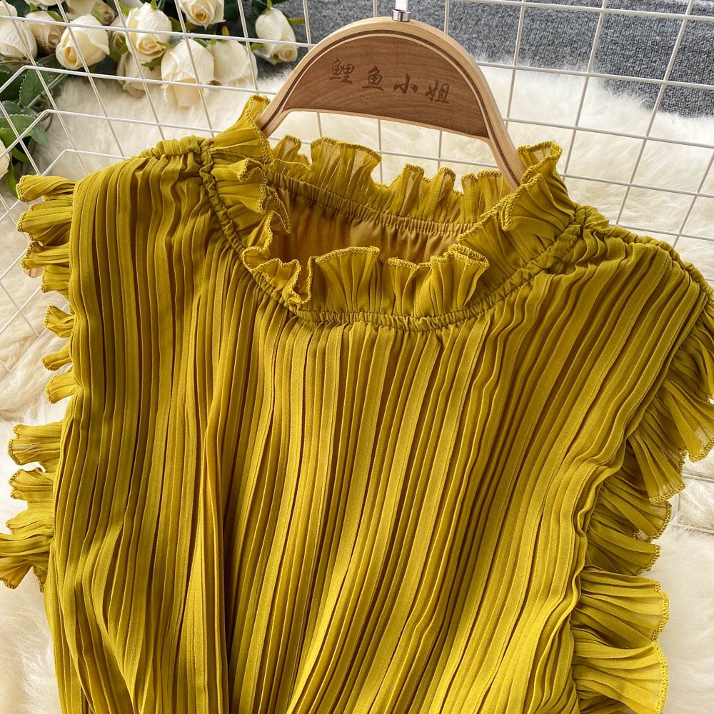 Hot Selling Woman Casual Dress Ruffle Layer Stand Collar Mid-length Cake Dress Chiffon Pleated Casual Sleeveless Dress
