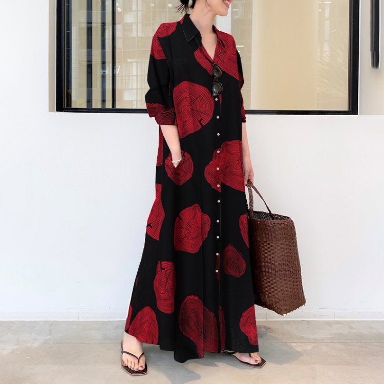 S-5Xl Large Women'S Muslim Cotton And Linen Printing Long-Sleeved Simple Loose Casual Long Shirt Floral Dress