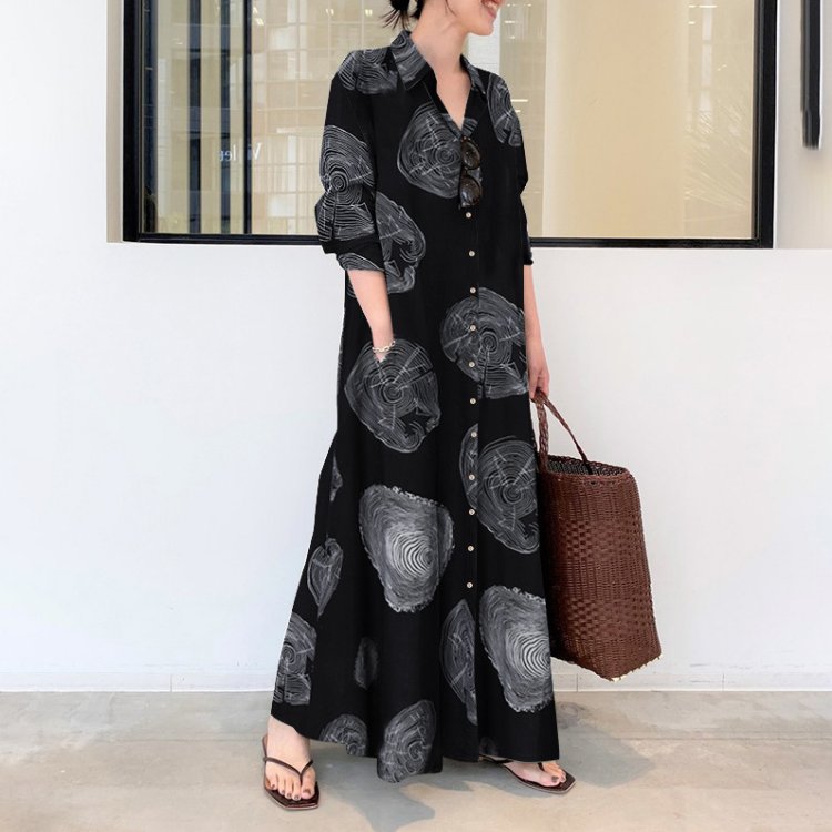 S-5Xl Large Women'S Muslim Cotton And Linen Printing Long-Sleeved Simple Loose Casual Long Shirt Floral Dress