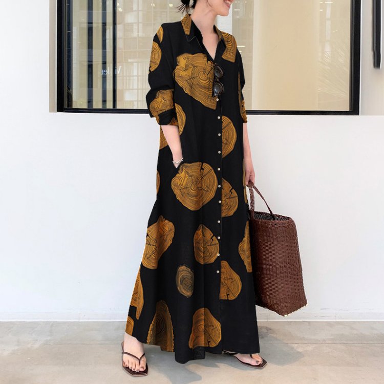 S-5Xl Large Women'S Muslim Cotton And Linen Printing Long-Sleeved Simple Loose Casual Long Shirt Floral Dress