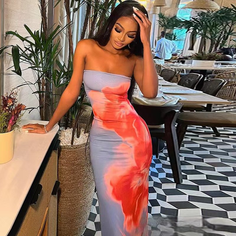 Zhukuang D24DS121 sexy 2024 new summer print sleeveless strapless maxi dress bodycon sexy fashion elegant dress for women lady