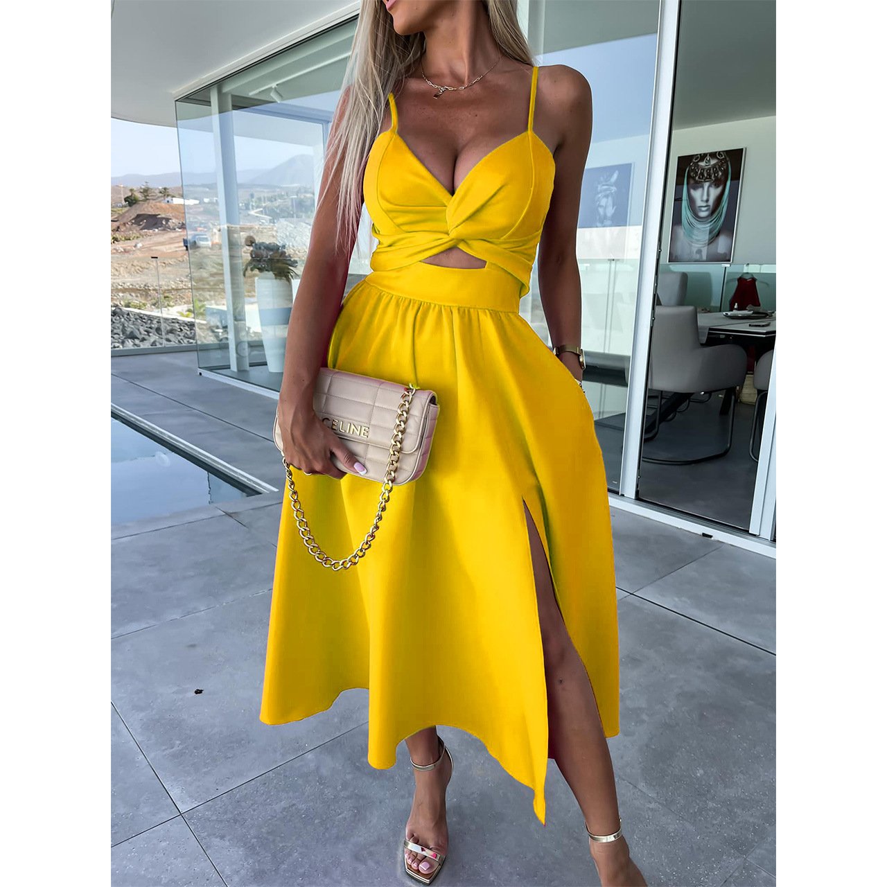Fashion Hollow Out Waist Long Ladies Elegant High Slit Solid Party Dress Sexy Beach Boho Women Summer Casual Dress