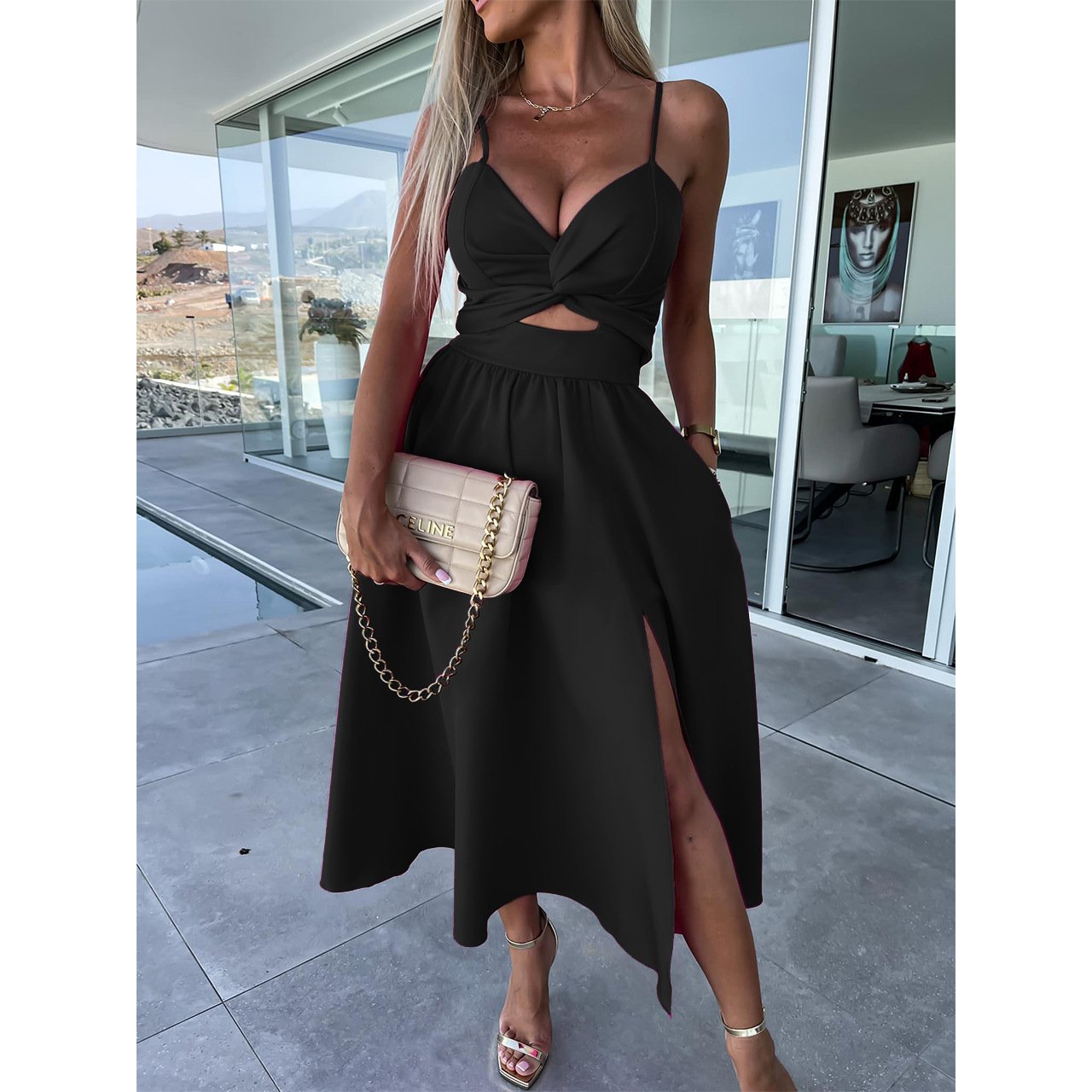Fashion Hollow Out Waist Long Ladies Elegant High Slit Solid Party Dress Sexy Beach Boho Women Summer Casual Dress