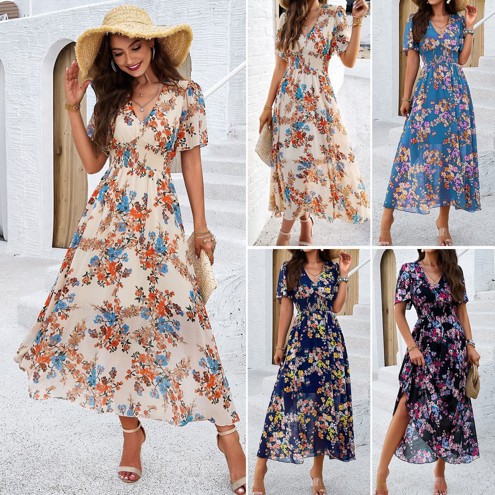 D725 Ladies Clothing Short Sleeve Deep V Neck Ruffle Madi Dress Floral Dress Casual Modest Dress