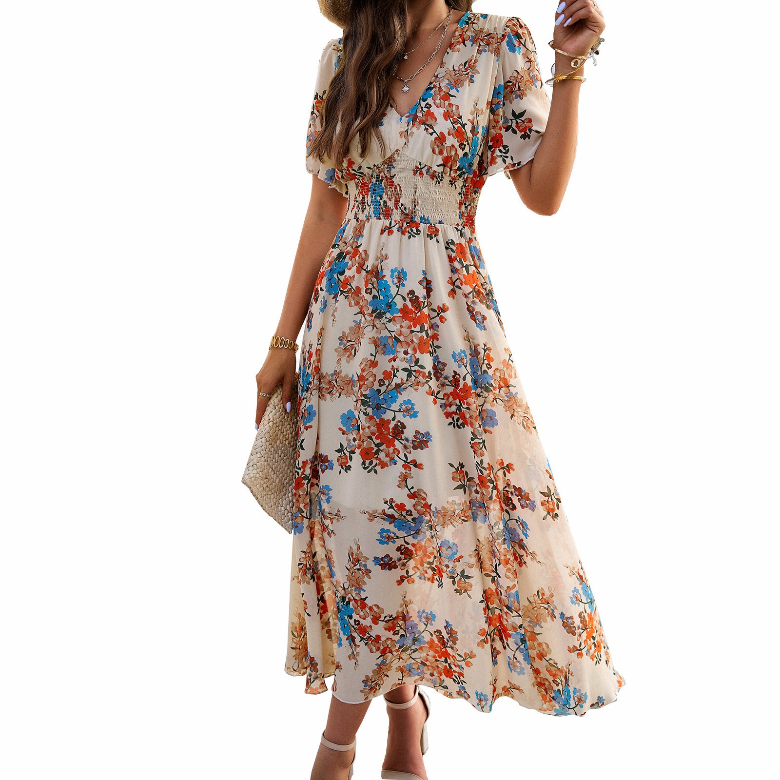 D725 Ladies Clothing Short Sleeve Deep V Neck Ruffle Madi Dress Floral Dress Casual Modest Dress
