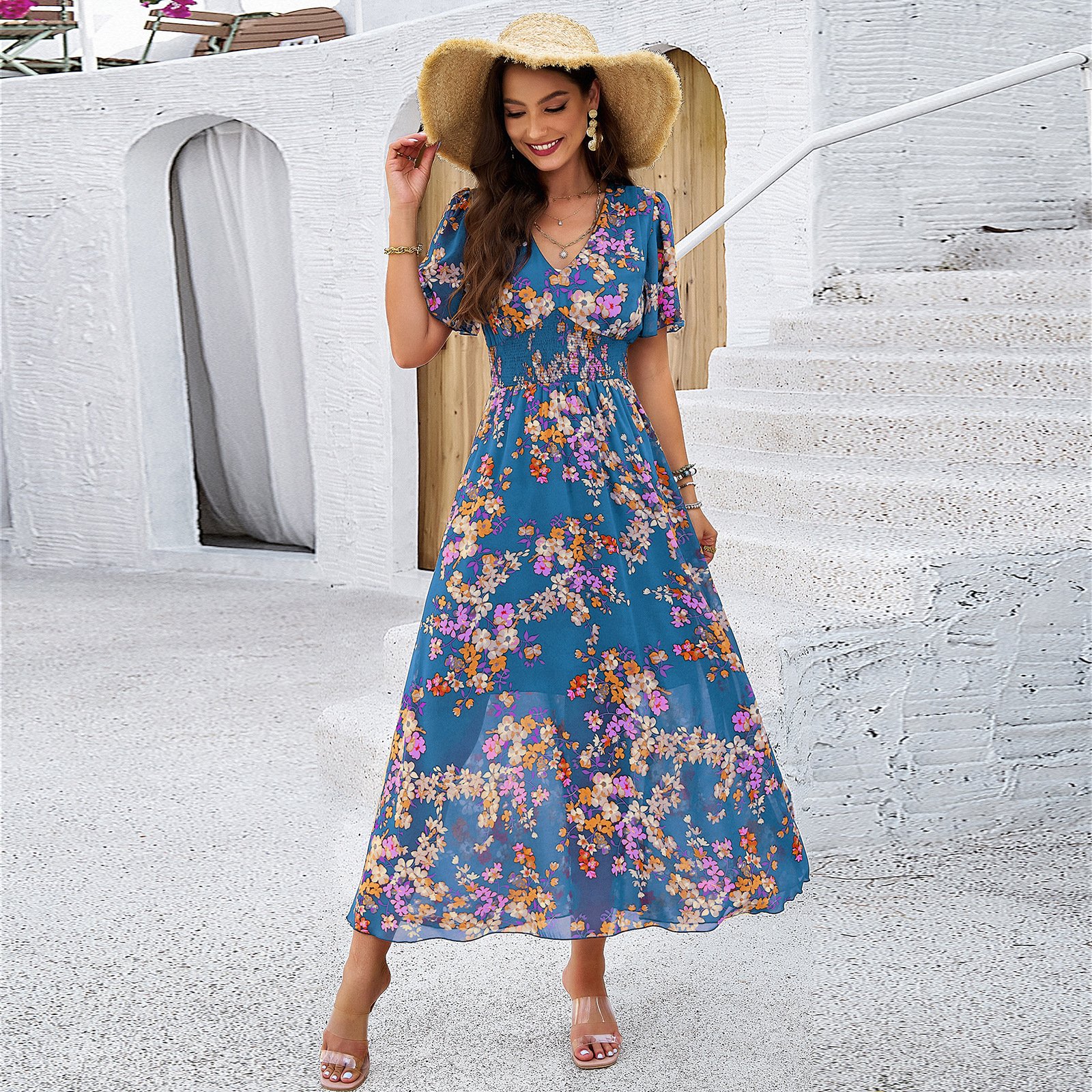 D725 Ladies Clothing Short Sleeve Deep V Neck Ruffle Madi Dress Floral Dress Casual Modest Dress