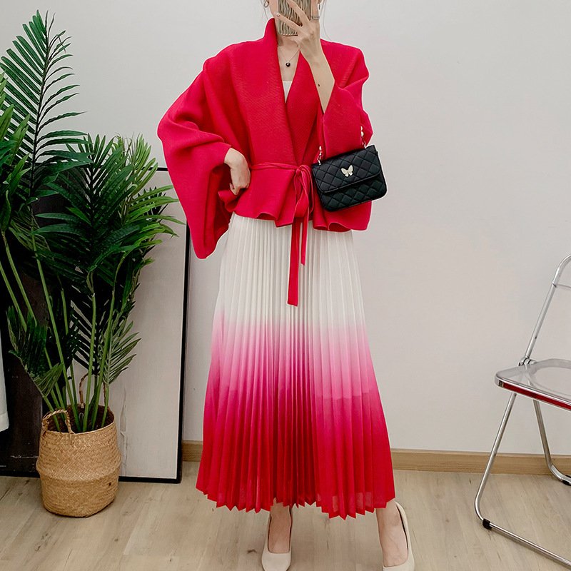 Miyake Hot Selling New Arrival 2024 Two Piece Set Women Clothing Fashionable Casual Pleated Tops And Skirts Casual Dresses