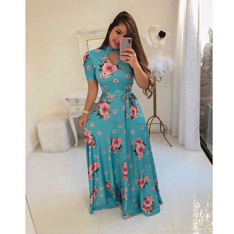 Wholesale Guangzhou Factory Casual Dresses Printed Split Short Sleeve Colorful Color Floor Length Dress