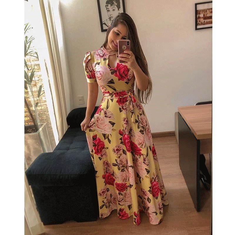 Wholesale Guangzhou Factory Casual Dresses Printed Split Short Sleeve Colorful Color Floor Length Dress