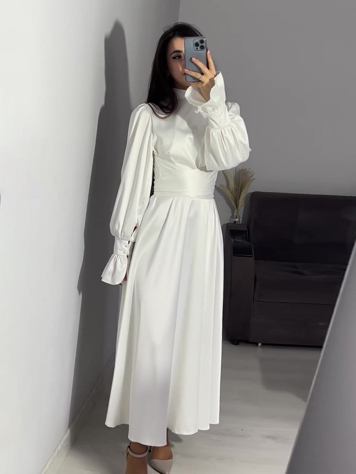 2024 Spring Summer New Female Fashion Casual Dress Women Stand Collar Solid Color Long Sleeve Lady Dresses